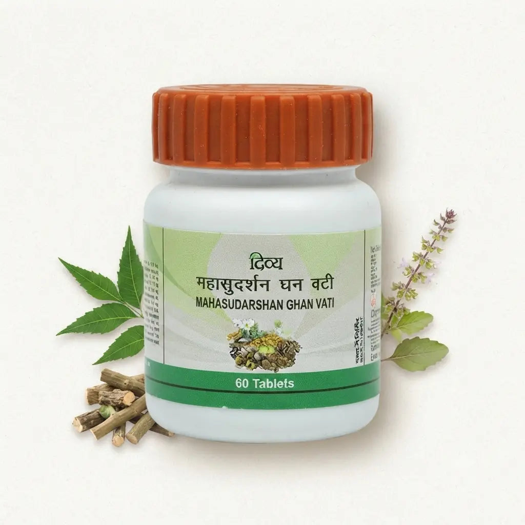 Divya Patanjali Maha Sudarshan Ghan Vati 60 Tablets bottle with traditional Ayurvedic herbs