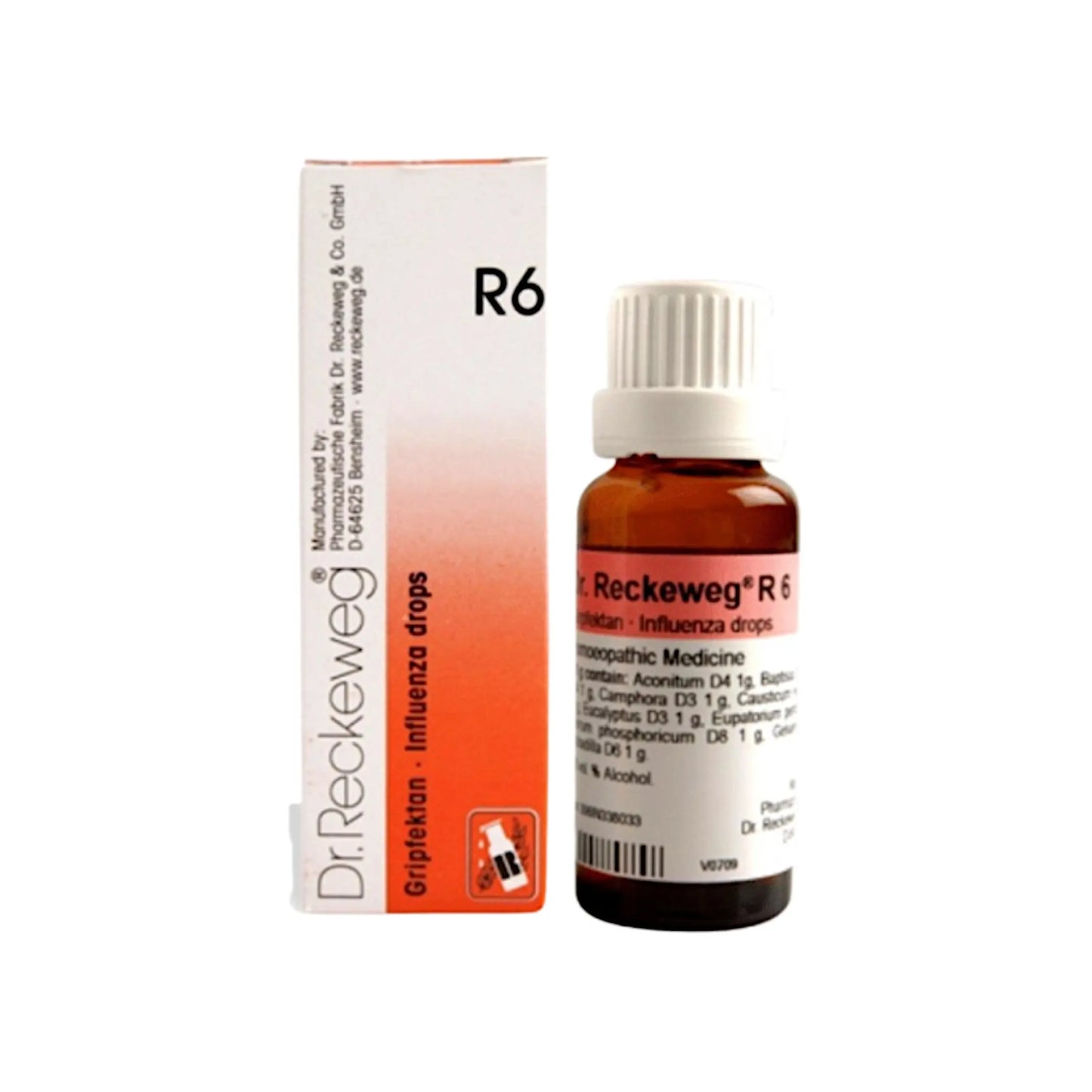 Dr. Reckeweg Germany R6 Influenza Drops 22 ml – homeopathic drops for flu symptoms and immune support.