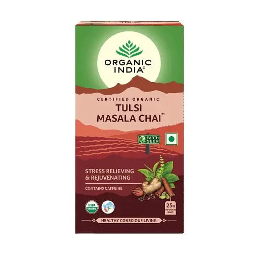 Organic India Tulsi Masala Chai 25 Teabags for warming spices, digestion, and daily wellness