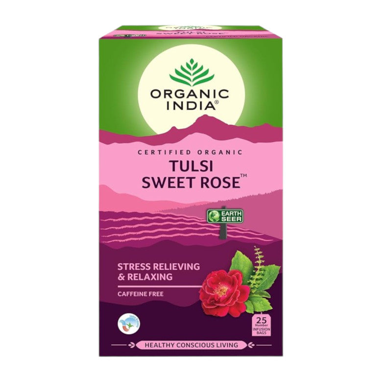 Organic India Tulsi Sweet Rose Green Tea 25 Teabags for floral aroma, relaxation, and daily wellness