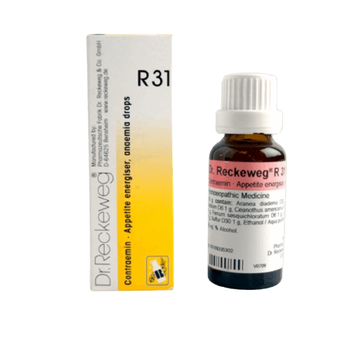 Image for a bottle of DR. RECKEWEG R31 - Contraemin Energizing Drops, a homeopathic remedy for anemia and related symptoms.