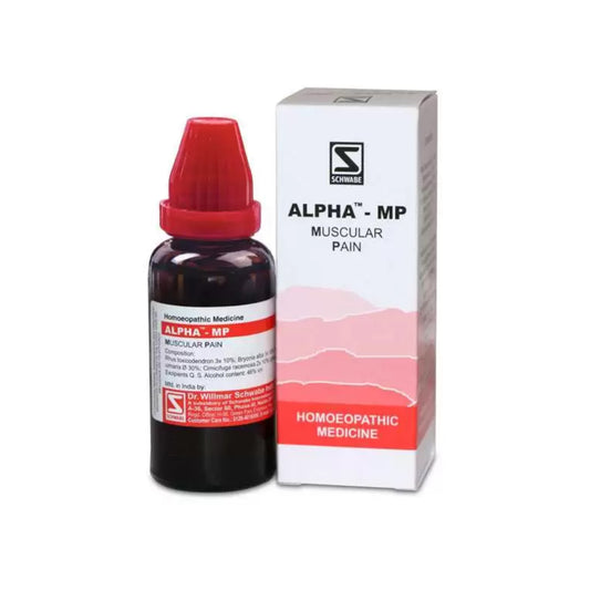 Image: Dr. Willmar Schwabe Homeopathy - Alpha-MP Drops 30 ml - Biochemical remedy for muscular pain relief.