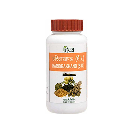 Image for Divya Patanjali Haridrakhand Powder - 100g. Ayurvedic remedy for allergies, skin health, and blood purification.