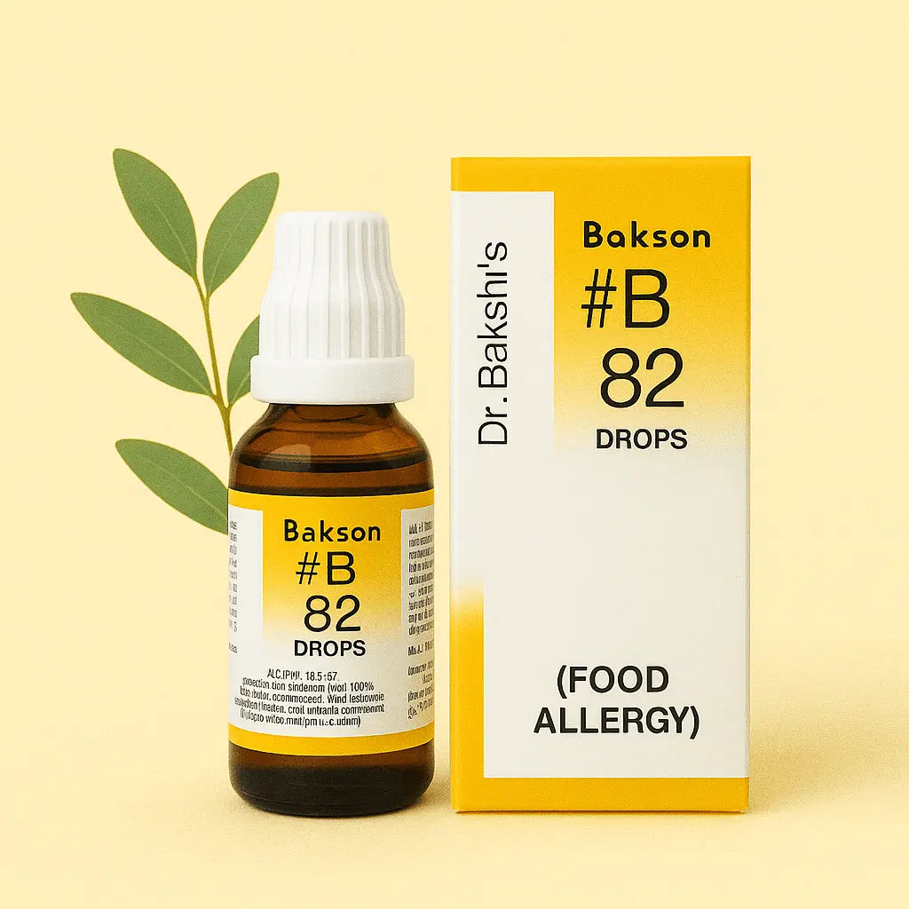 Bakson Homeopathy B82 Drops — homeopathic drops for food allergy symptoms and food hypersensitivity.