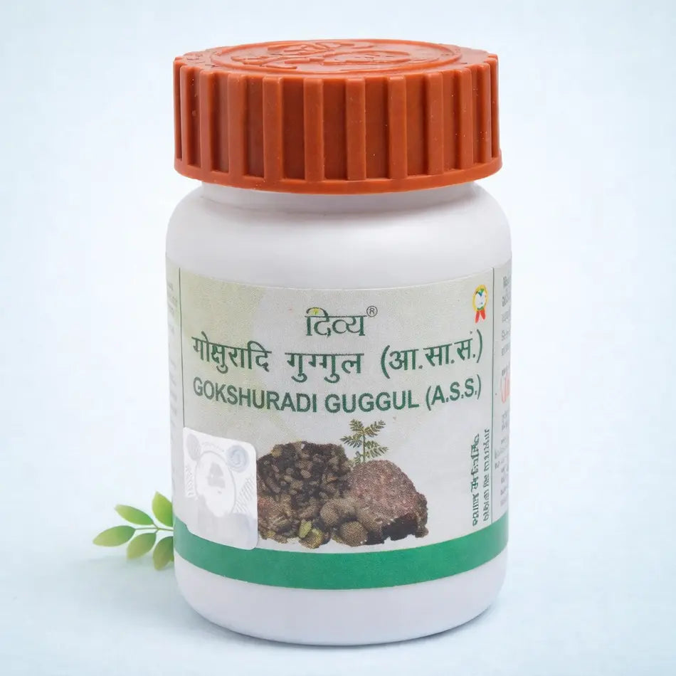 Divya Gokshuradi Guggul Tabletten – ayurvedisches Produkt für Harnwege, weiße Dose mit orangem Deckel