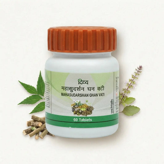Divya Patanjali Maha Sudarshan Ghan Vati 60 Tablets bottle with traditional Ayurvedic herbs