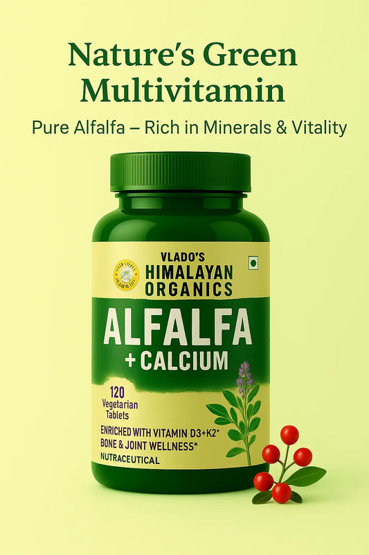 Himalayan Organics Alfalfa Tablets – natural supplement for energy, detox, and overall wellness in 120 vegetarian tablets bottle