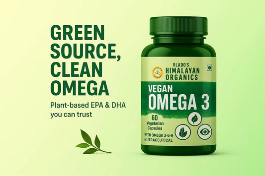 Himalayan Organics Vegan Omega-3 60 Capsules, plant-based supplement for heart, brain, eye and joint health.