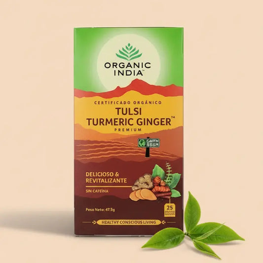 Organic India Tulsi Ginger Turmeric Green Tea 25 Teabags for warming spices, immunity, and joint wellness