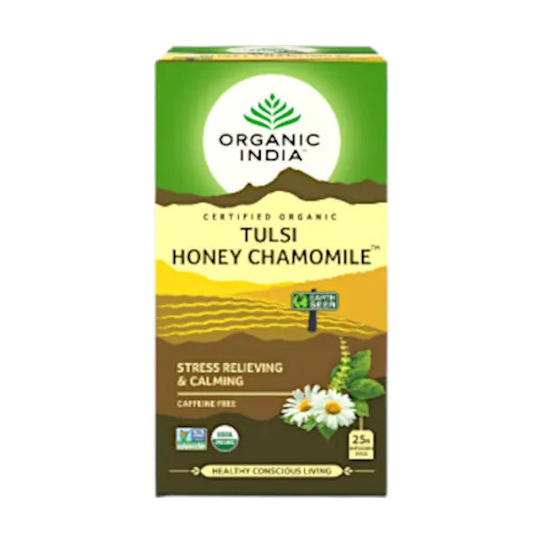 Organic India Tulsi Honey Chamomile Tea 25 Teabags for relaxation, stress relief, and restful sleep support
