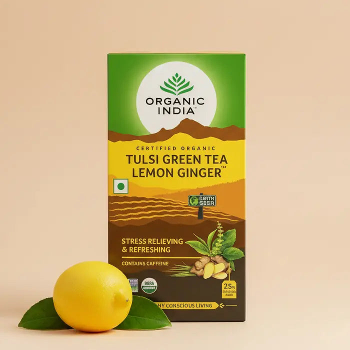 Organic India Tulsi Lemon Ginger Green Tea 25 Teabags for digestion, immunity, and refreshing wellness
