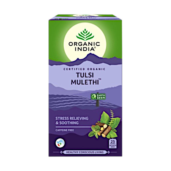 Organic India Tulsi Mulethi Green Tea 25 Teabags for soothing throat, digestion, and daily wellness