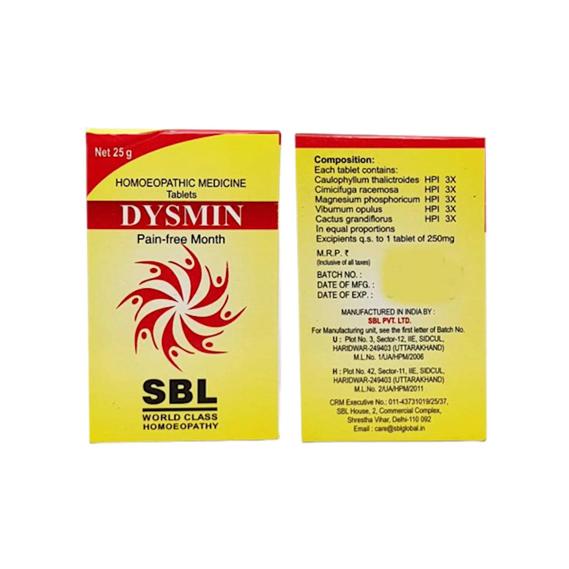 SBL Dysmin Tablets 25 g – homeopathic tablets for menstrual pain and cramps relief