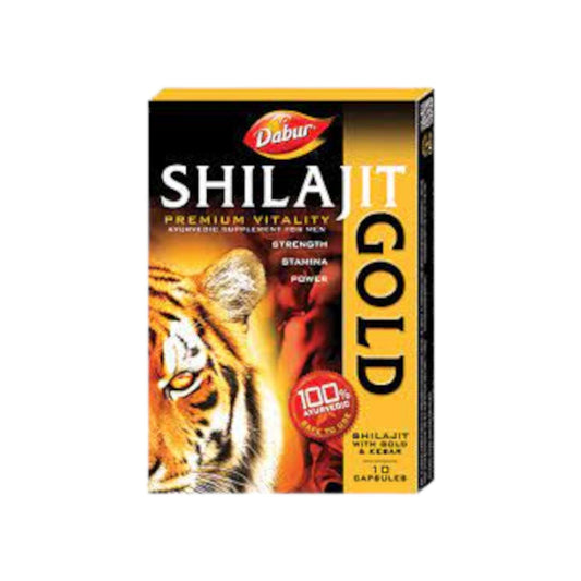 Image of Dabur Shilajit Gold 10 Capsules - Ayurvedic sexual health formula for enhanced vitality and stamina, backed by scientific research.