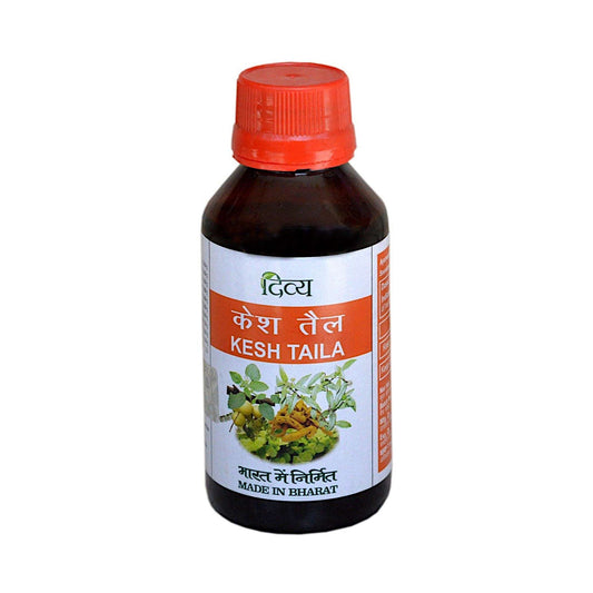 Image for Divya Patanjali Kesh Taila Oil - 100ml. Herbal solution for hair issues, including hair fall, dandruff, and stress relief.