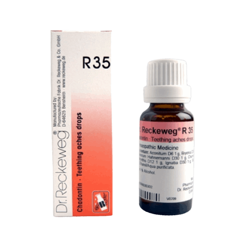 Image for DR. RECKEWEG R35 - Chadontin Teething-aches Drops 22 ml: Homeopathic drops for teething discomfort in children.