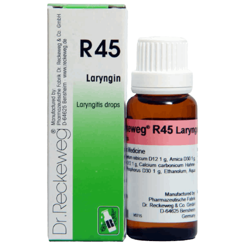 DR. RECKEWEG R45 - Laryngin Drops 22 ml: For laryngeal and respiratory issues like hoarseness and catarrh.