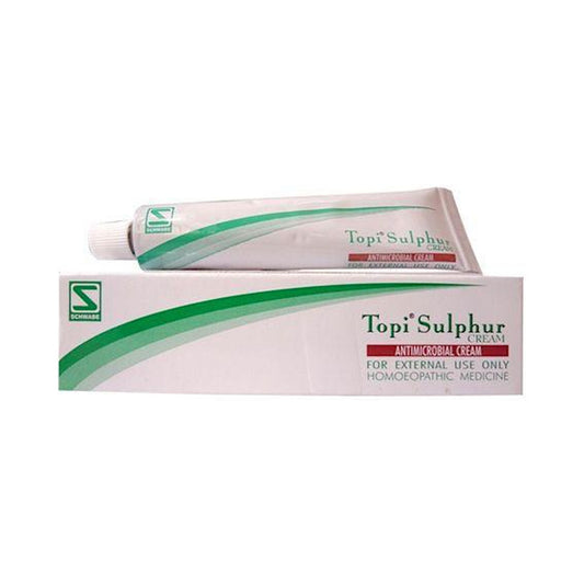 Image: Dr. Schwabe Homeopathy Topi Sulphur Cream - for skin conditions like eczema, psoriasis, acne, itching, and rashes.