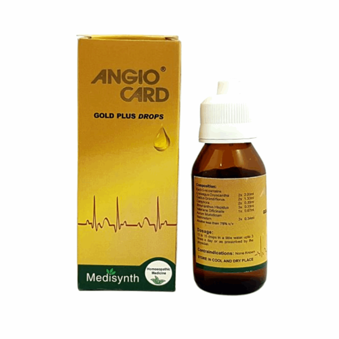 Image: Medisynth Angio Card Gold Plus Drops 30 ml: Herbal heart tonic for cardiovascular health.