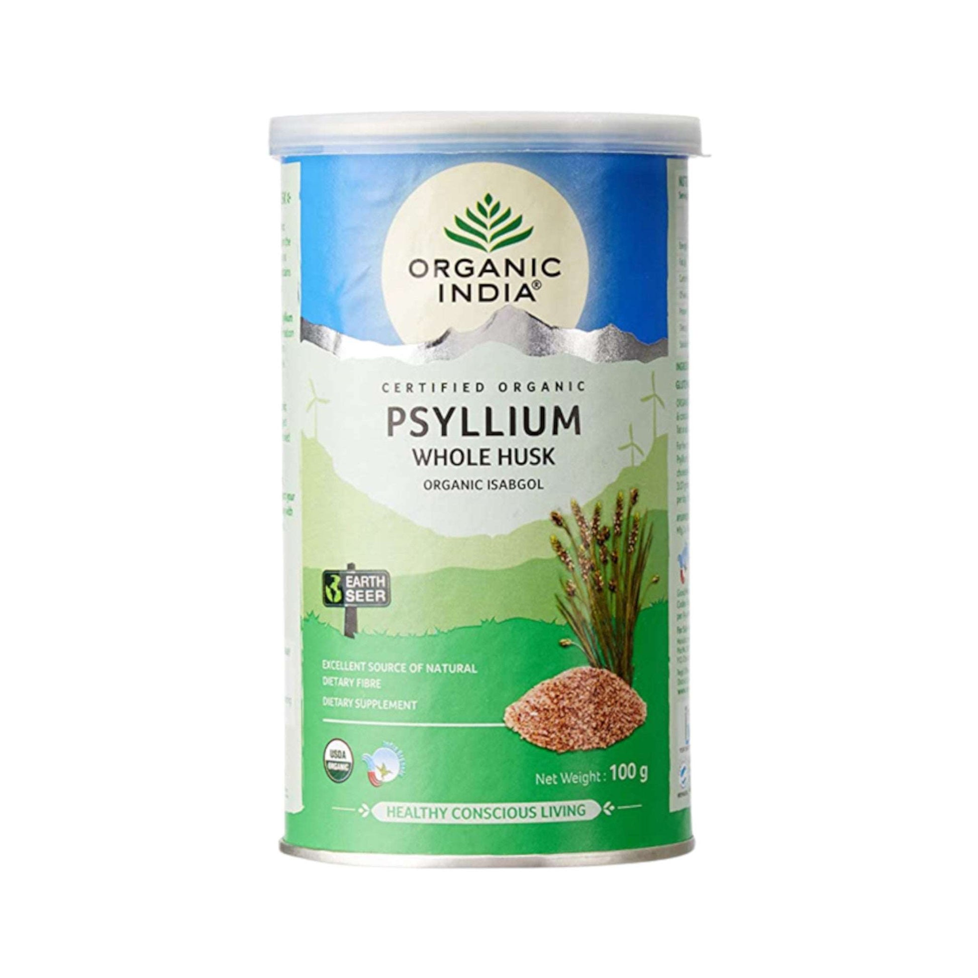 Image: Organic India Psyllium Whole Husk Powder 100 g: Natural dietary fiber for digestive health.