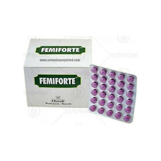 Image of Charak - Femiforte: Ayurvedic remedy for female health and leucorrhea, featuring Ashoka, Dhataki, Lodhra, and Shatavari.