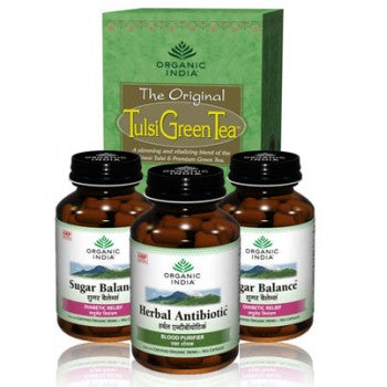 Organic India - Diabetic Care Kit - 2 Sugar Balance for Diabetes 60 Capsules, 1 Herbal Antibiotic 60 Capsules + 1 Tulsi Green Tea 25 Bags