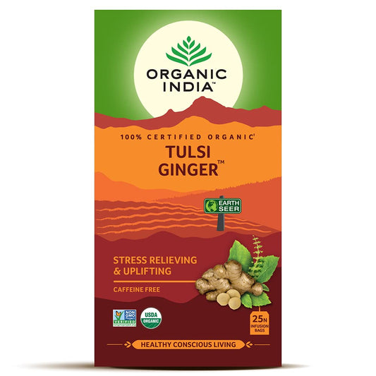 Image: Organic India Tulsi Ginger 25 Teabags: For stress relief, immunity, and digestion.