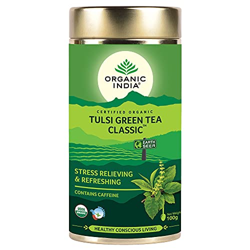 Image: Organic India Tulsi Green Tea 100 g - An antioxidant-rich herbal beverage for vitality and well-being.